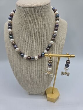 Pearl Multicolor Necklace & Earrings Set with Crystal Bow Accent